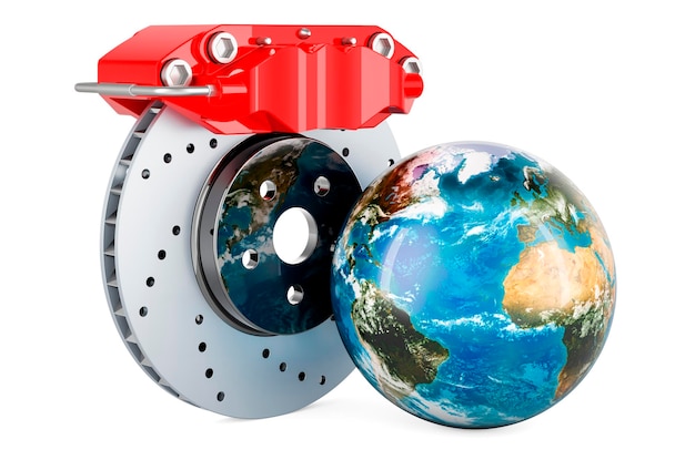 Car disc brake with Earth Globe 3D rendering