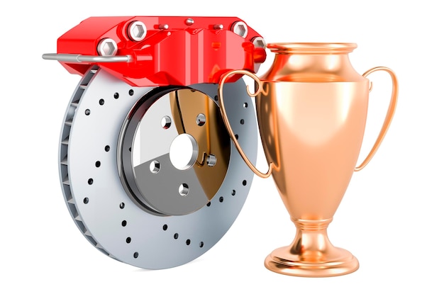 Car disc brake with with gold trophy cup award 3D rendering