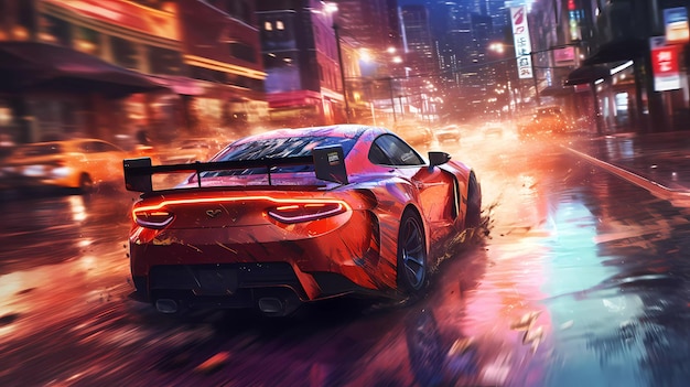 Car drifting action scene in the city at night concept art speed race