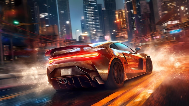 Car drifting action scene in the city at night concept art speed race