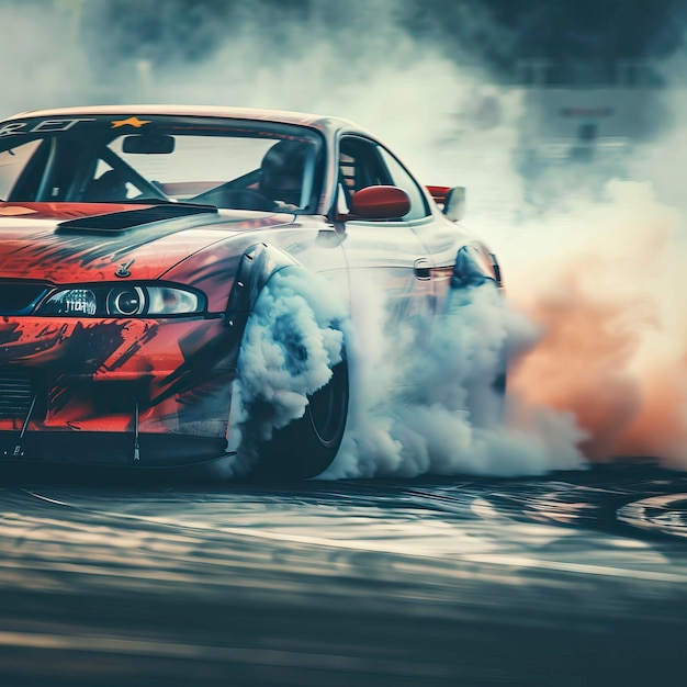 Car drifting Blurred image diffusion race drift car with lots of smoke from burning tires on speed t