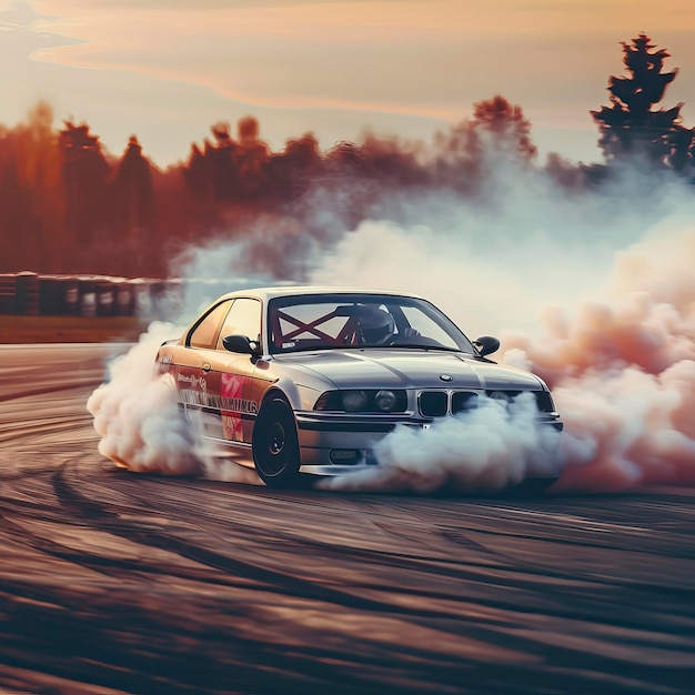 Photo car drifting blurred image diffusion race drift car with lots of smoke from burning tires on speed t