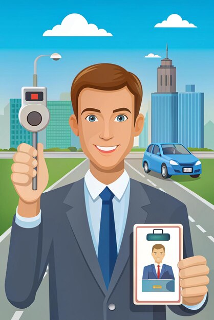 Car driver man license identification card with photo and car key with alarm in hand