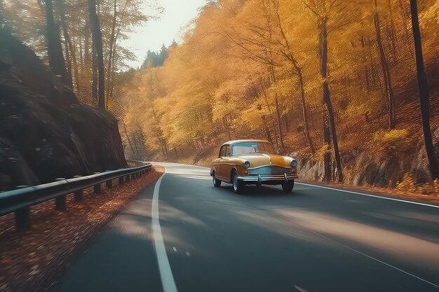 The car drives along a beautiful autumn road