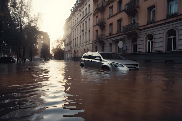 A car drives along a flooded road after heavy rain