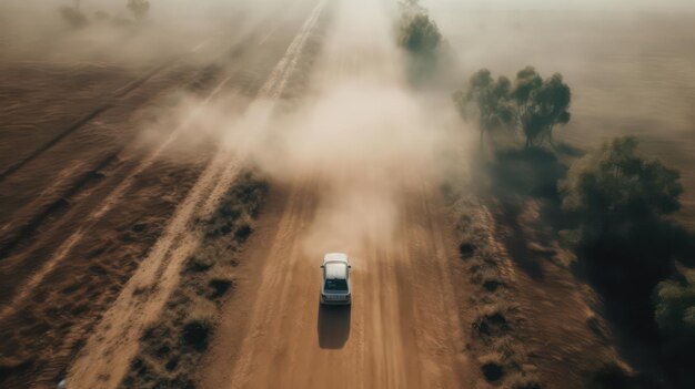 A car drives on a dirt road in the morning