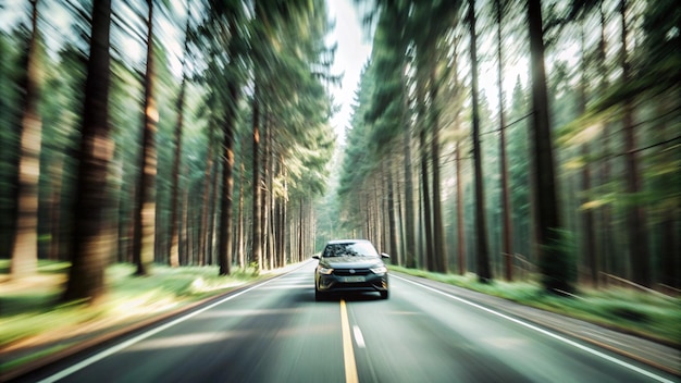 a car drives down a road with a forest in the background