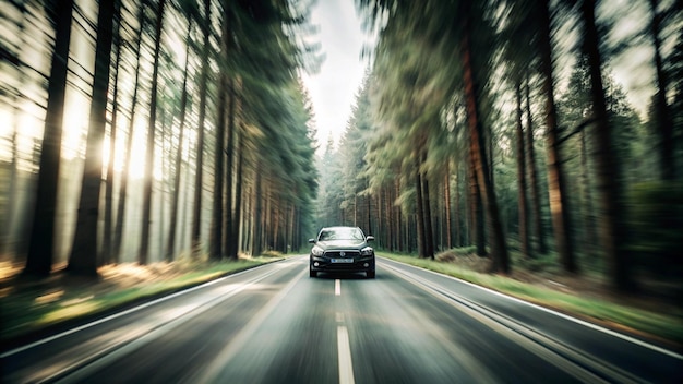 a car drives down a road with a forest in the background