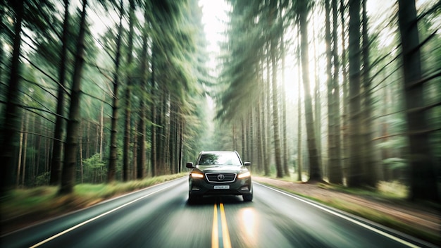 a car drives down a road with a forest in the background