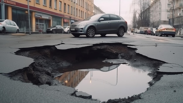 A car drives past a pothole in a street.