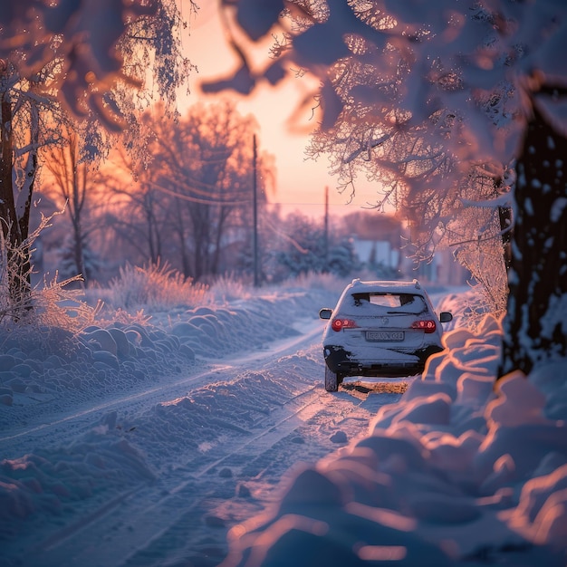 A car drives on a snowy road during a beautiful sunset