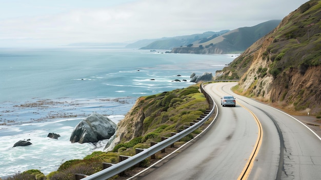 Car Driving Along Scenic Pacific Coast Highway with Ocean View