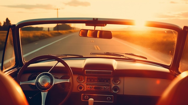 A car driving down a country road with the sun setting behind it