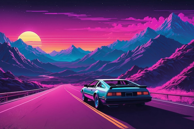 A car driving down a road with mountains in the background retrowave synthwave