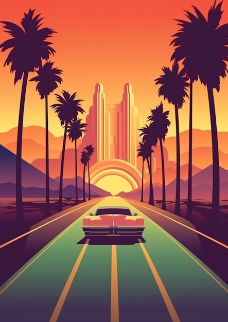 A car driving down a road with palm trees and a sunset in the background generative ai