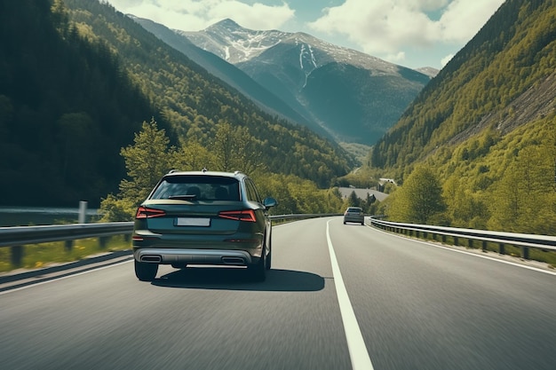 Car driving on an empty road close up travel mountains landscape