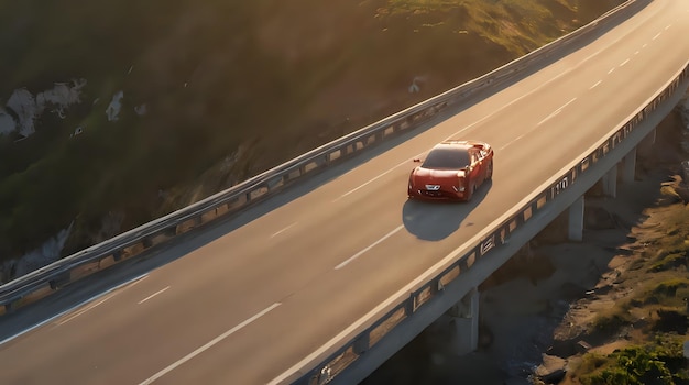 Photo a car driving on a highway with a bridge in the background