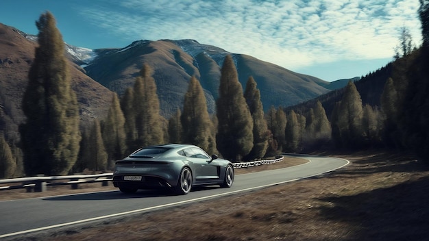 Car driving on a pathway in the middle of trees with mountain and a clear sky