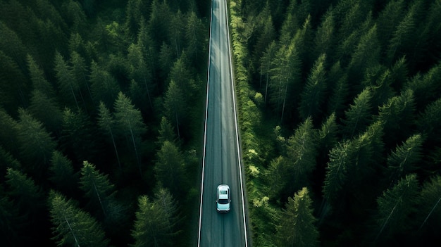 car driving on the road in the forest at sunset