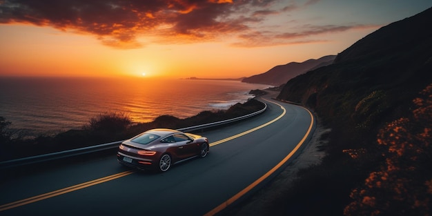 A car driving on a road with the sun setting behind it.