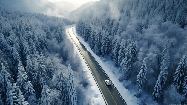 A car driving on a snowy road