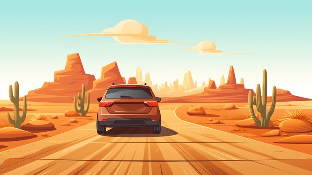 a car driving through the desert with the desert in the background