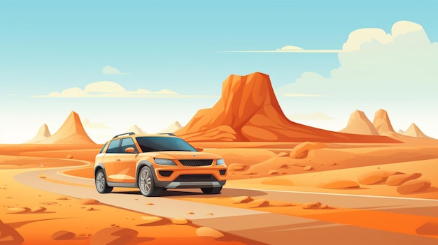 a car driving through the desert with mountains in the background