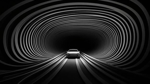 Photo car driving through a futuristic geometrically patterned tunnel with black and white lighting