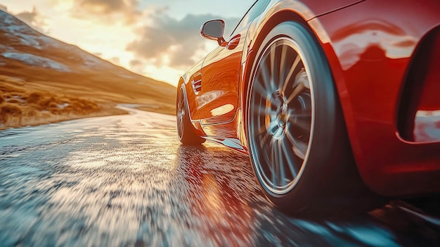 A car driving through a large puddle splashing water dramatically at sunset capturing a dynamic