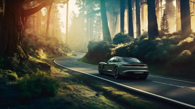 Car driving through the road in a forest surrounded by trees under the sunlight