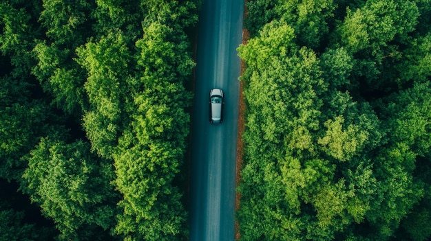 Car driving through a road surrounded by dense green forest Photography with drone on a summer day