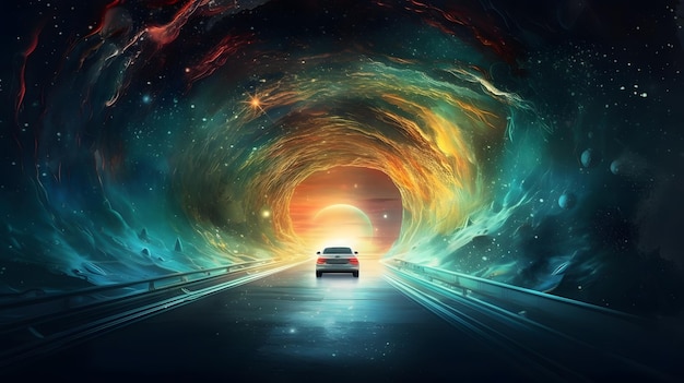 A car driving through a tunnel with a planet in the background.