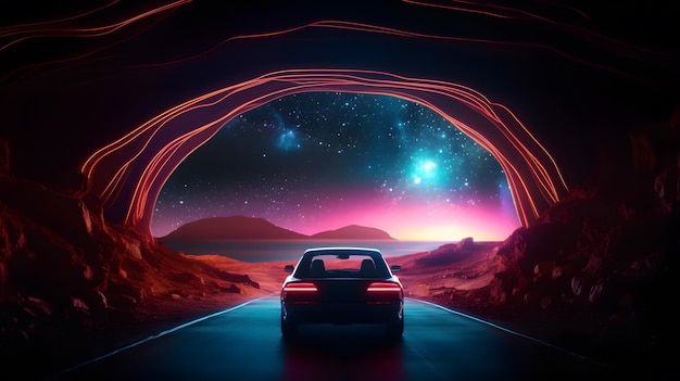 A car driving through a tunnel with a starry sky in the background.