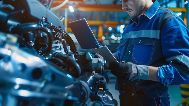 Car engine mechanic uses laptop to repair engine