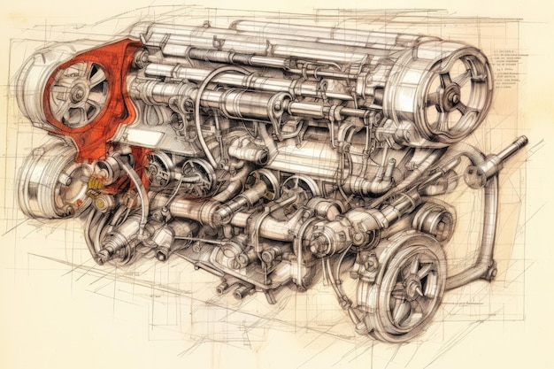 Car engine sketch drawn by an engineer