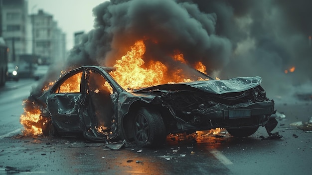 Photo car engulfed in flames after severe crash