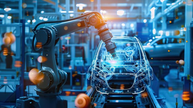 Car Factory Digitalization Automated Robot Arm Assembly Line Manufacturing HighTech Sustainable Electric Vehicles