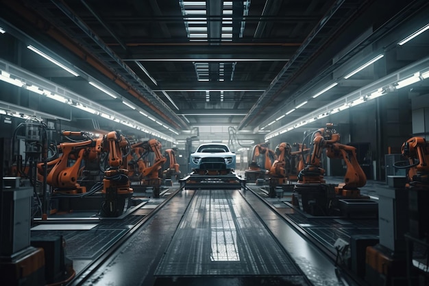 A car factory with many cars on the assembly line Generative AI