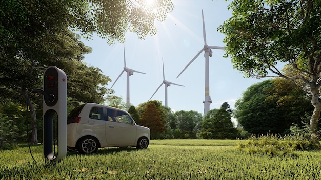 A car in a field with wind turbines in the background