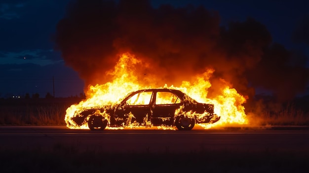 Photo a car on fire on the side of the road at night