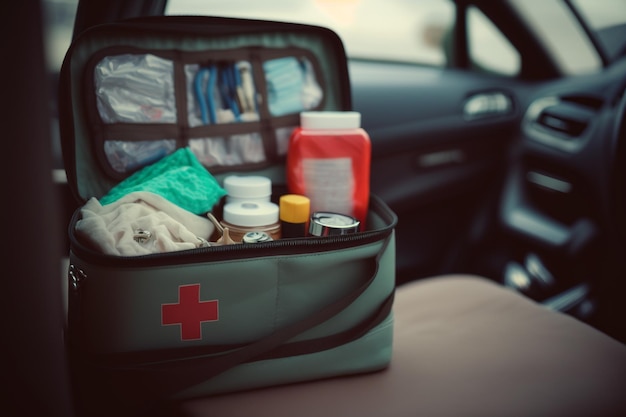 Car first aid kit suitcase with medical supplies illustration Generative AI