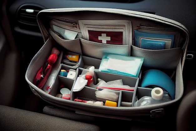 Car first aid kit suitcase with medical supplies illustration Generative AI