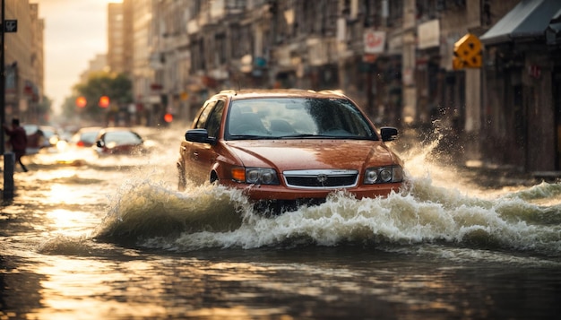 Car in Flooded City Street