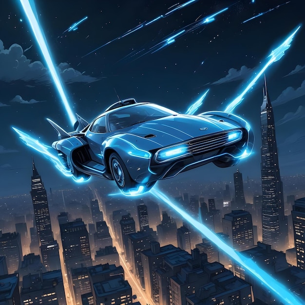 a car flying in the sky with a star in the background