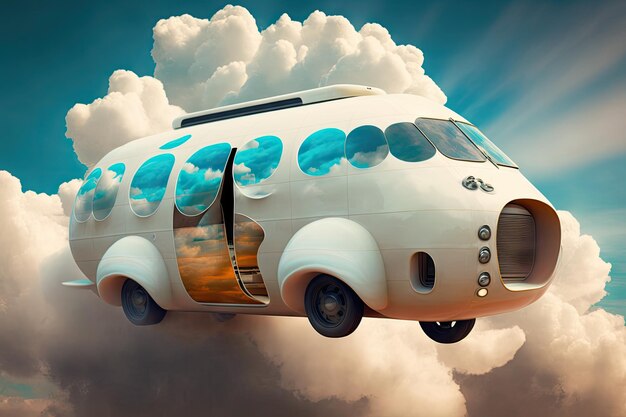 Car in form of futuristic cargo van of future flying in air among clouds