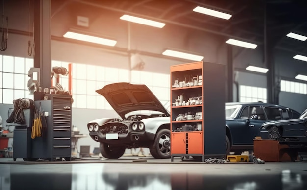 A car in a garage with a car in the background