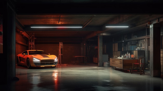 A car in a garage with a counter in the background.