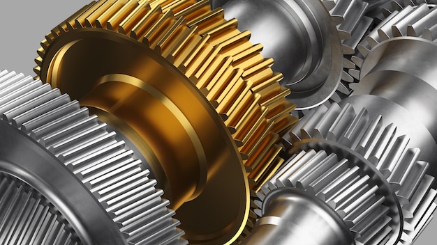 Car gearbox in 3d gear transmission Steel and gold gears on the shaft isolated on the background