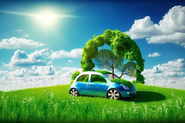 Car on green meadow with tree and sun on blue sky background Generative Ai