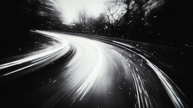 Photo car headlights illuminate a winding road through a dark rainy forest at night